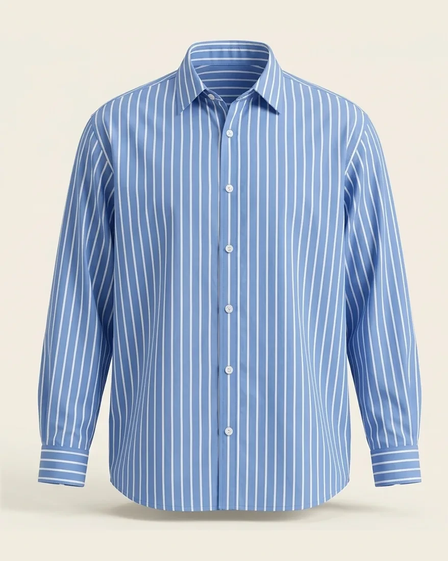 Blue stripe woven shirt, front view, development reference