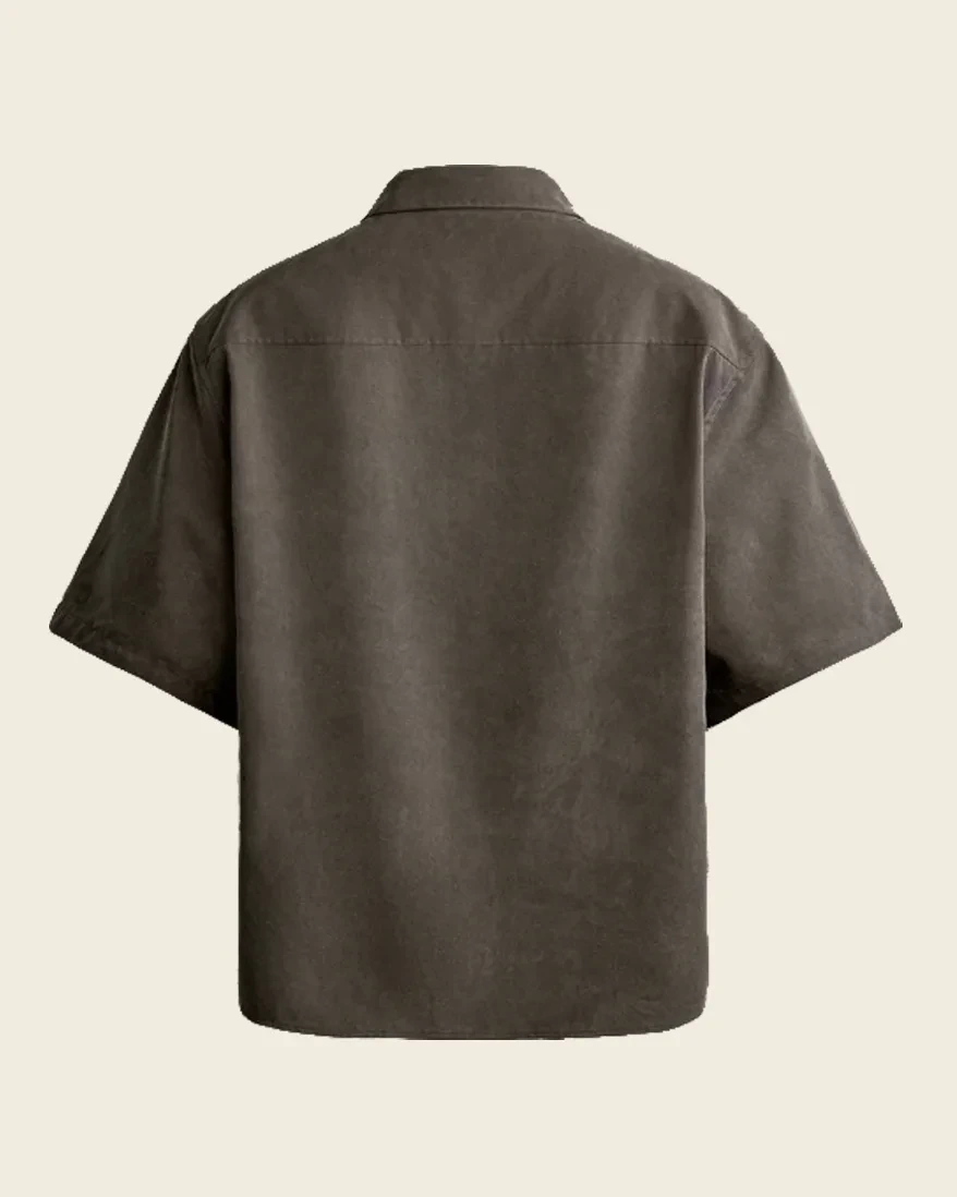 Taupe camp-collar shirt, back view, development reference