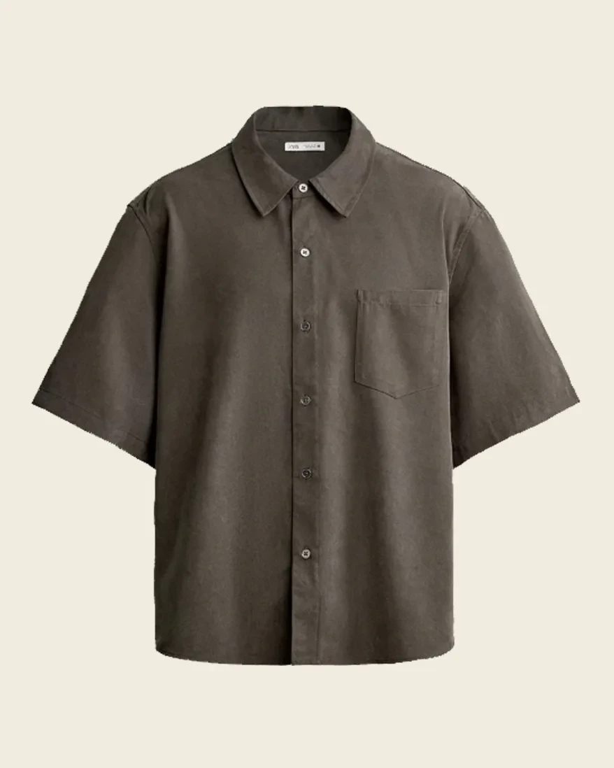 Taupe camp-collar shirt, front view, development reference