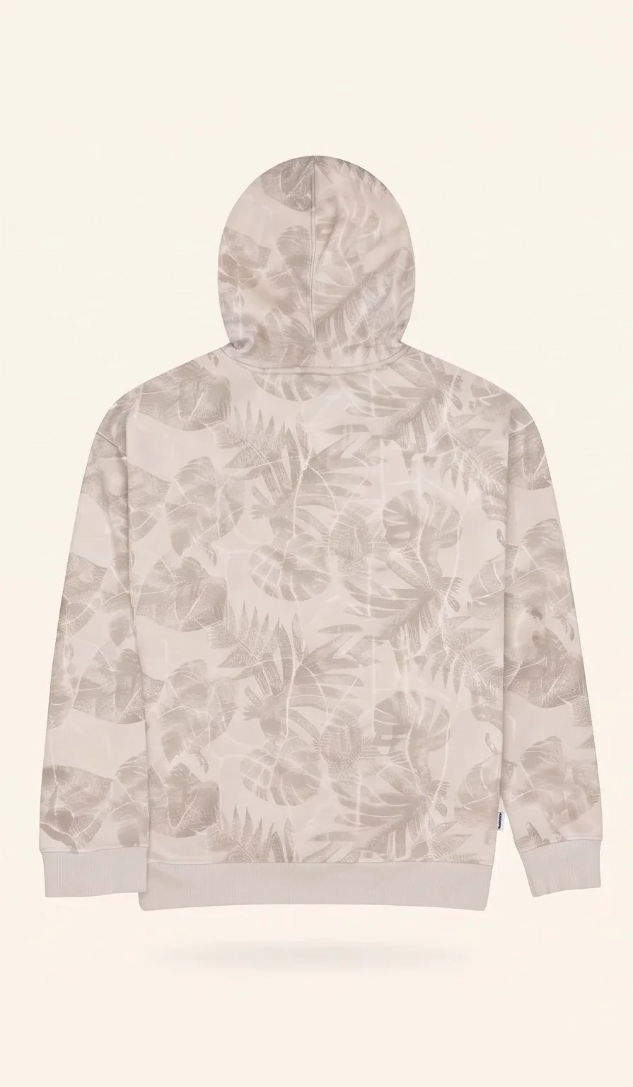 Beige tropical print hoodie, back view, development reference