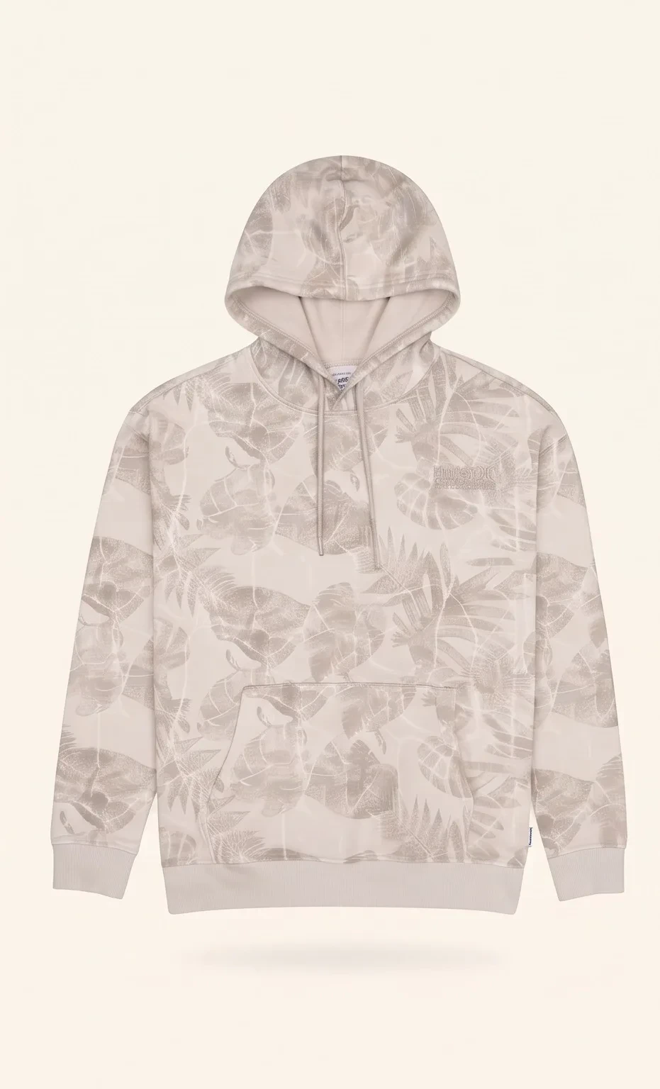 Beige tropical print hoodie, front view, development reference