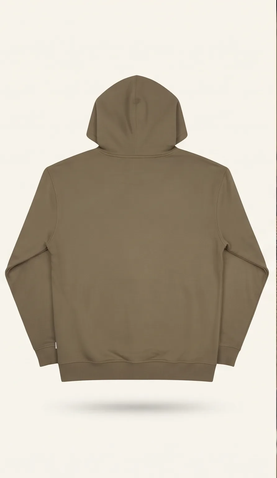 Olive pullover hoodie, back view, development reference