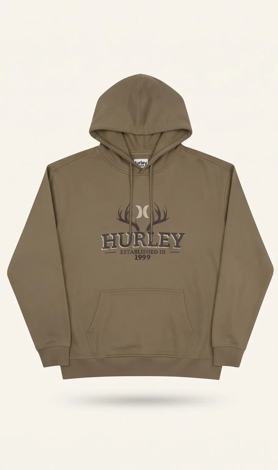 Olive pullover hoodie, front view, development reference