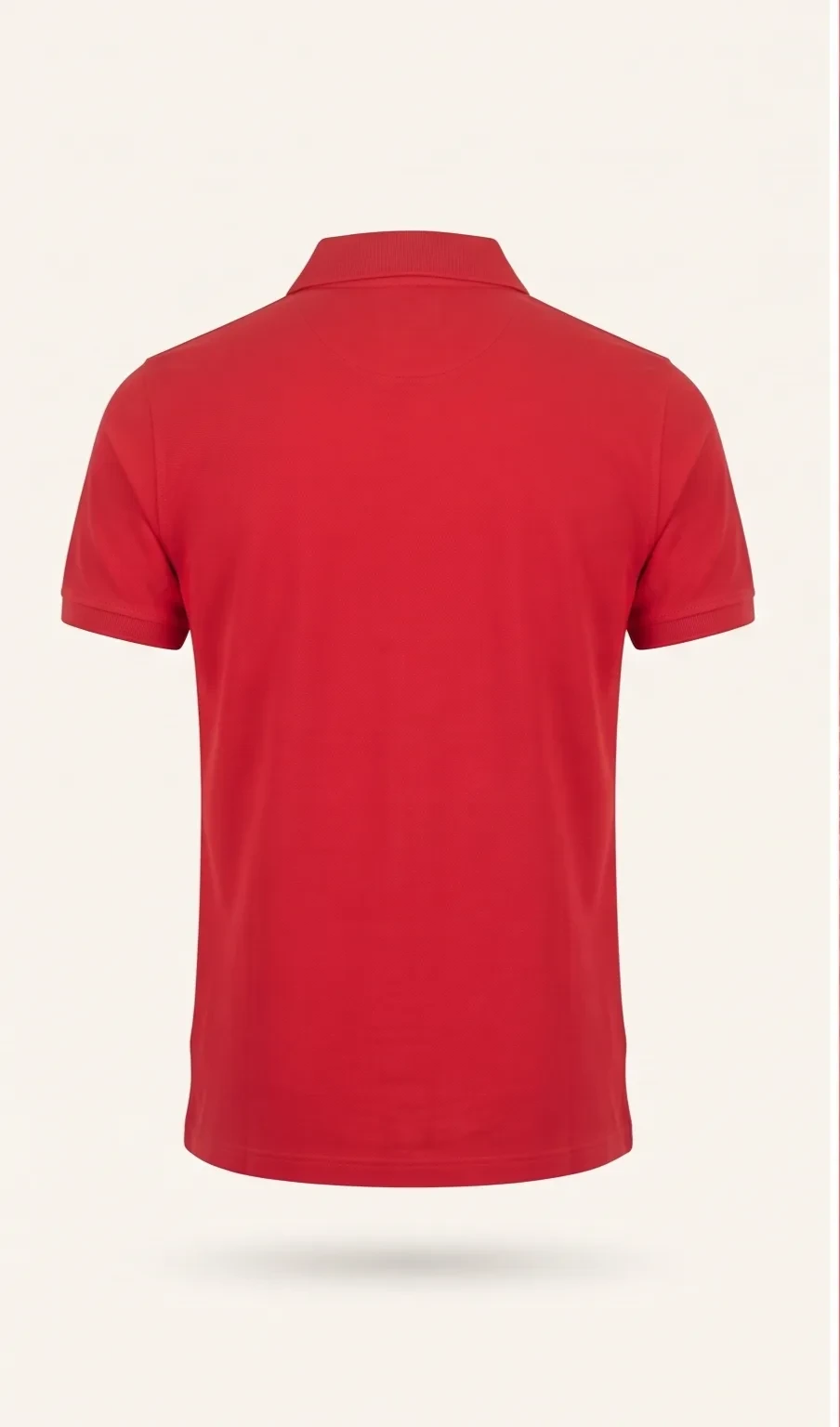 Red embroidered pique polo, back view, development reference