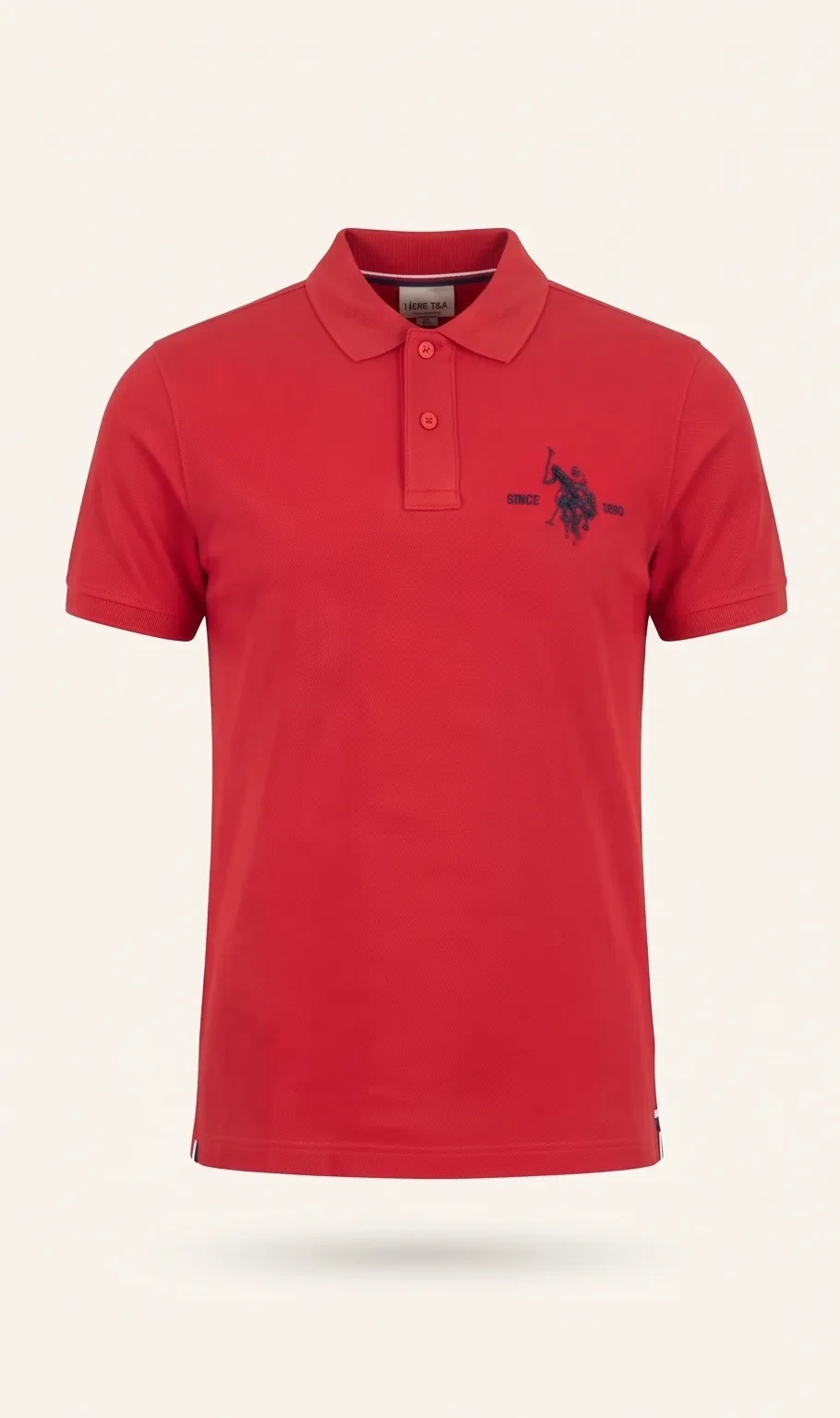 Red embroidered pique polo, front view, development reference
